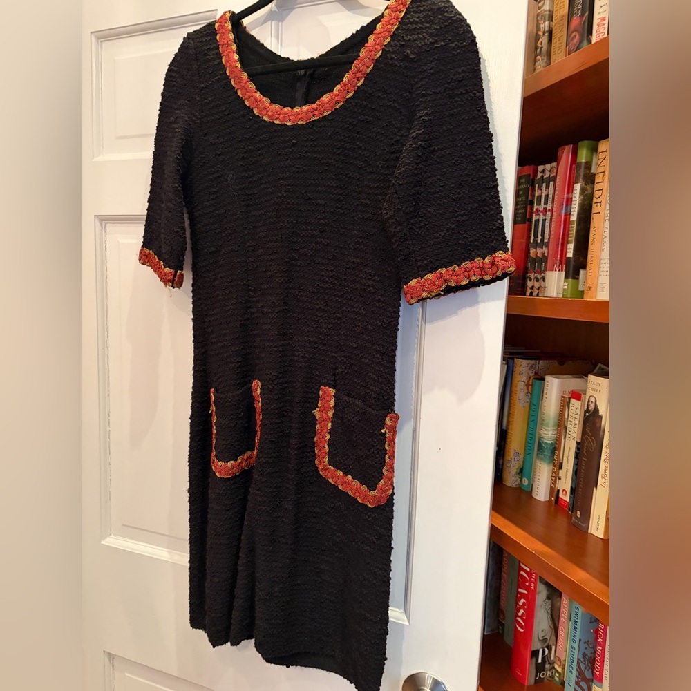 Elegant Chanel style textured knit Black Dress with Red Accents